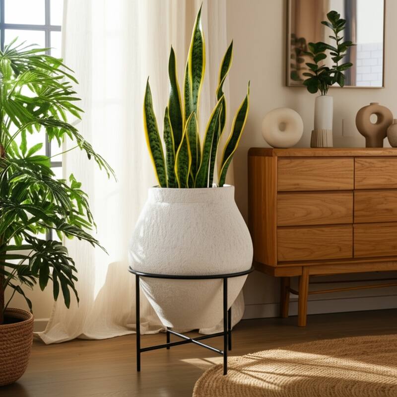 Pottery Planter Pot with Metal Stand Handcrafted Vessel Garden Decor