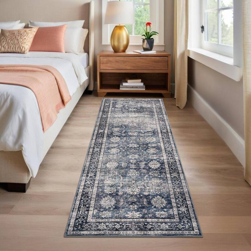 Area Rug Vintage Washable Floral Distressed Living Room Rugs, Soft Low Pile Non-Slip Rugs for Bedroom