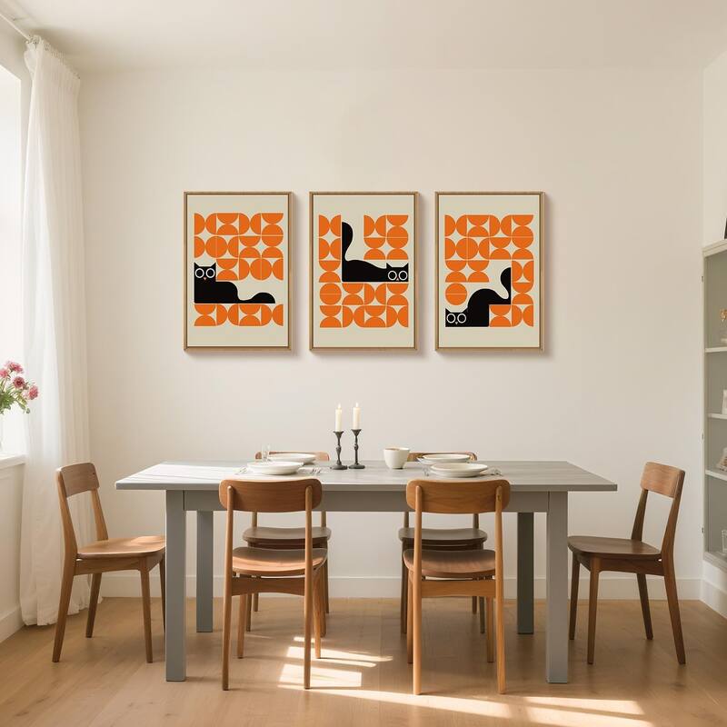 Geometric Black Cat Framed Canvas Wall Art Set