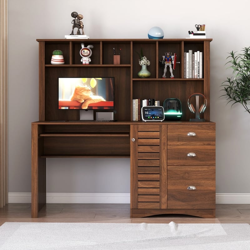 59.06" Antiqued Wood Home Office Computer Desk with Shelves and Drawers