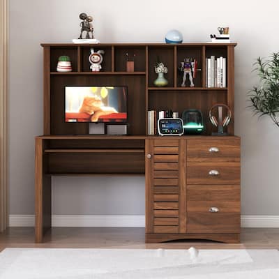 59.06" Antiqued Wood Home Office Computer Desk with Shelves and Drawers
