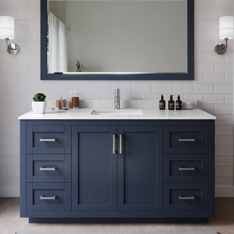 Wyndham Collection Miranda 60" Free Standing Single Basin Vanity Set - Dark Blue / Carrara Cultured Marble Top / Brushed