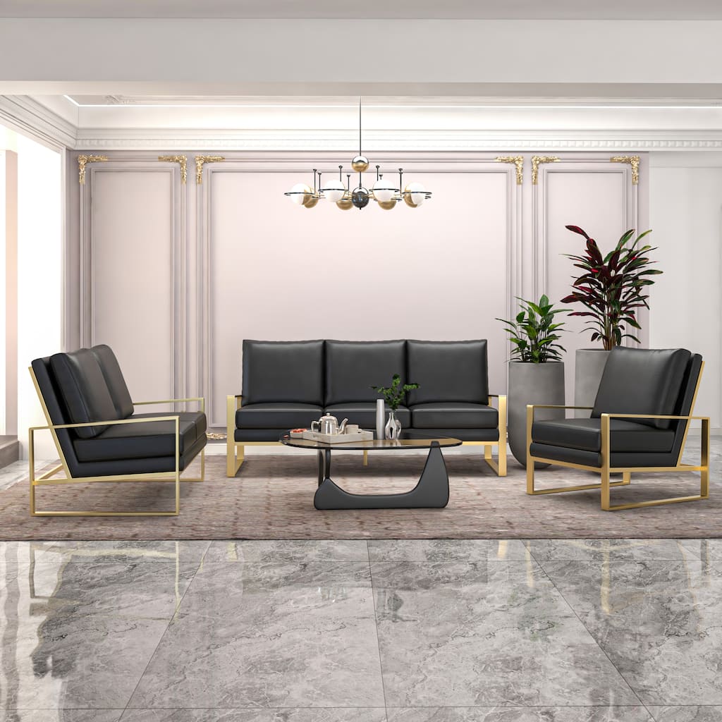 Jefferson Modern Leather 3-Piece Sofa Set Accent Armchair with Brushed Gold Stainless Steel Base for Office & Living Room