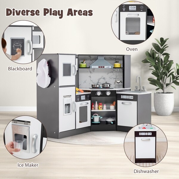 Corner Kids Play Kitchen Set with Lights, Ice Maker, Dishwasher