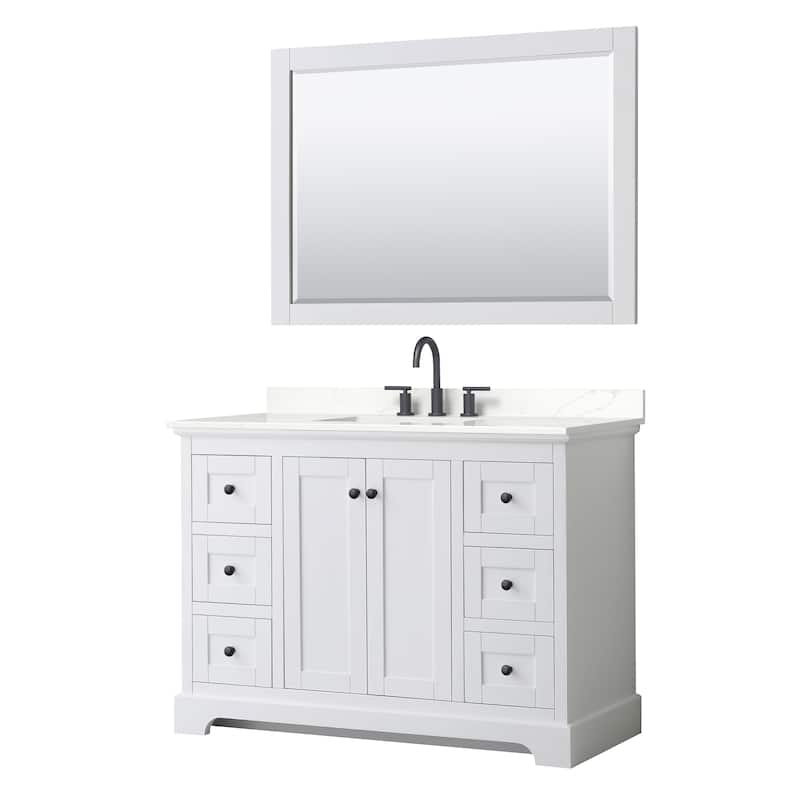 Avery 48-inch Single Vanity, Quartz Top, 46-inch Mirror - White, Black Trim, Giotto Quartz Top