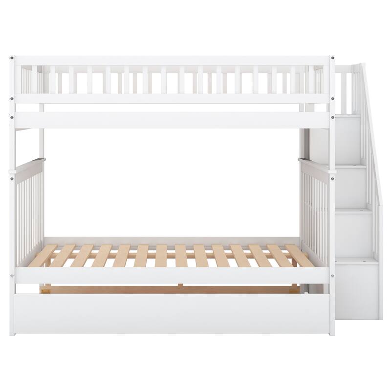 Full over Full Bunk Bed with Trundle and Staircase, White