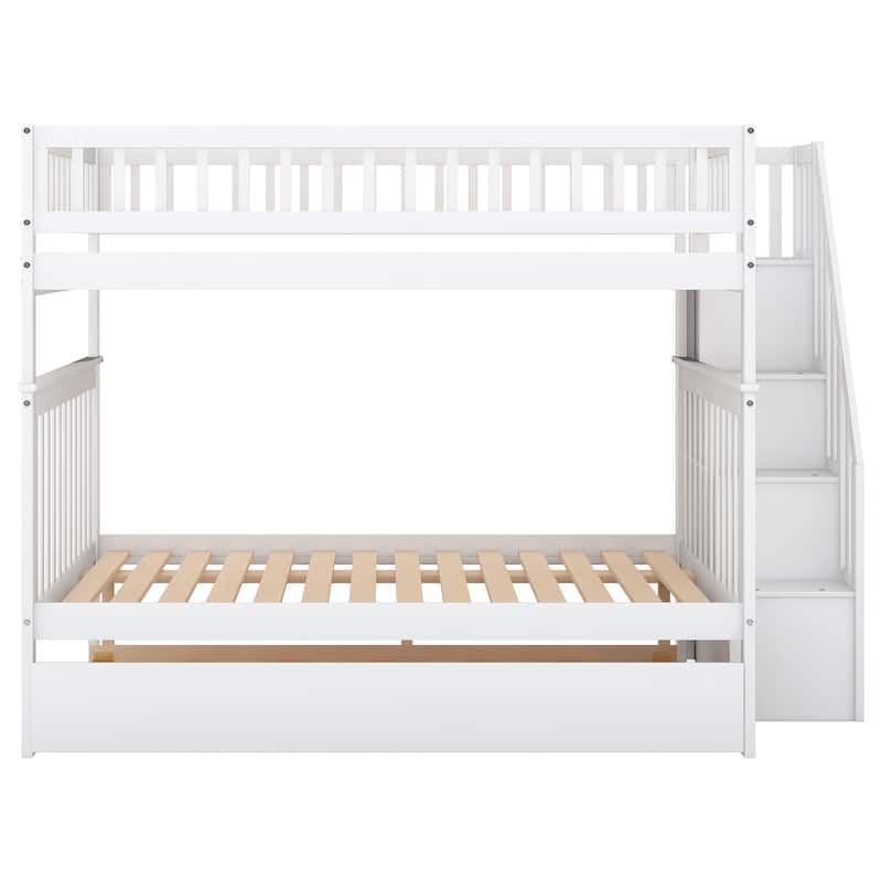 Solid Pinewood Bunk Bed Frame with Trundle Bed and Storage Staircase
