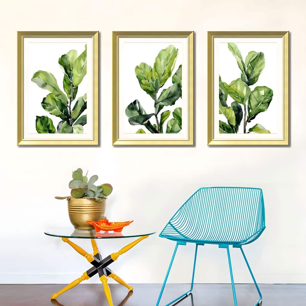 Set of 3 Green Leaf Botanical Framed Wall Art - Replaceable Canvas Prints with Solid Wood Picture Frames, Modern Plant