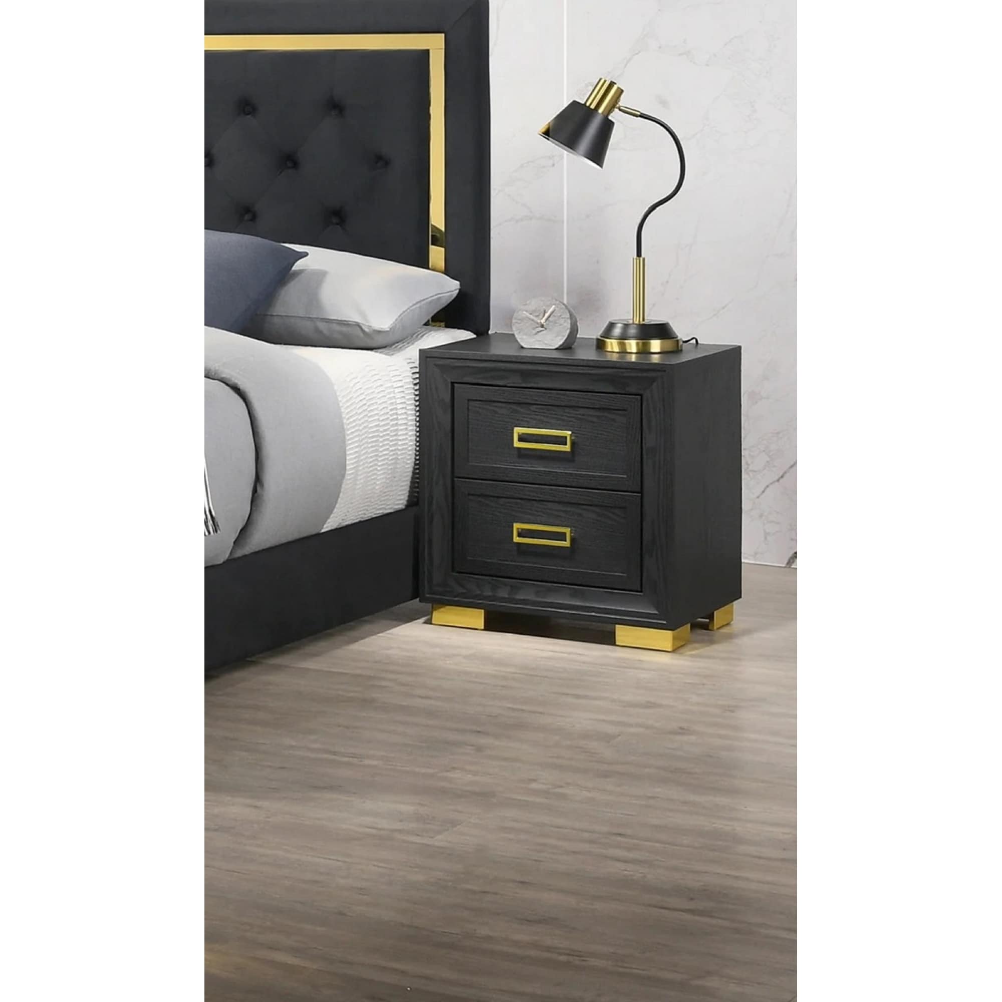 Black & Gold Glam Nightstand with Two Drawers