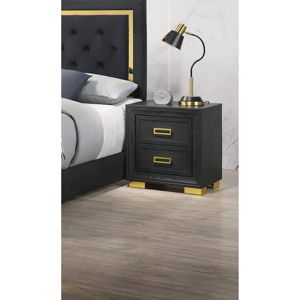 Glamorous Black Gold 2-Drawer Nightstand w/ Gold Hardware for Bedroom