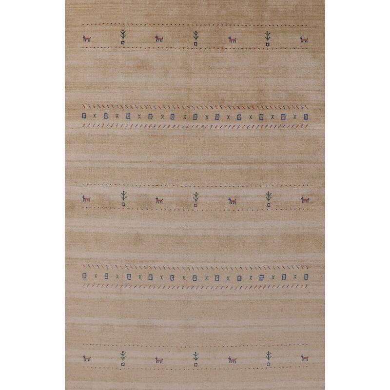 Hand Knotted Oriental 100% Wool Carpet Tribal Animal Pictorial Yellow & Gold Gabbeh Area Rug - 8' 9'' X 6' 2''