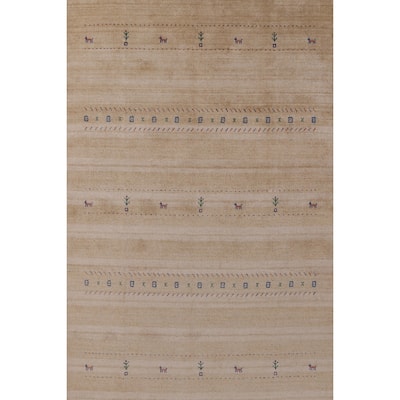 Hand Knotted Oriental 100% Wool Carpet Tribal Animal Pictorial Yellow & Gold Gabbeh Area Rug - 8' 9'' X 6' 2''