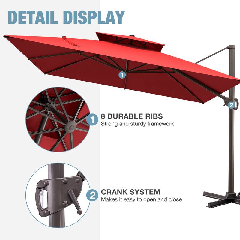 11 FT Square Outdoor Patio Double Top Cantilever Umbrella with Rod Base