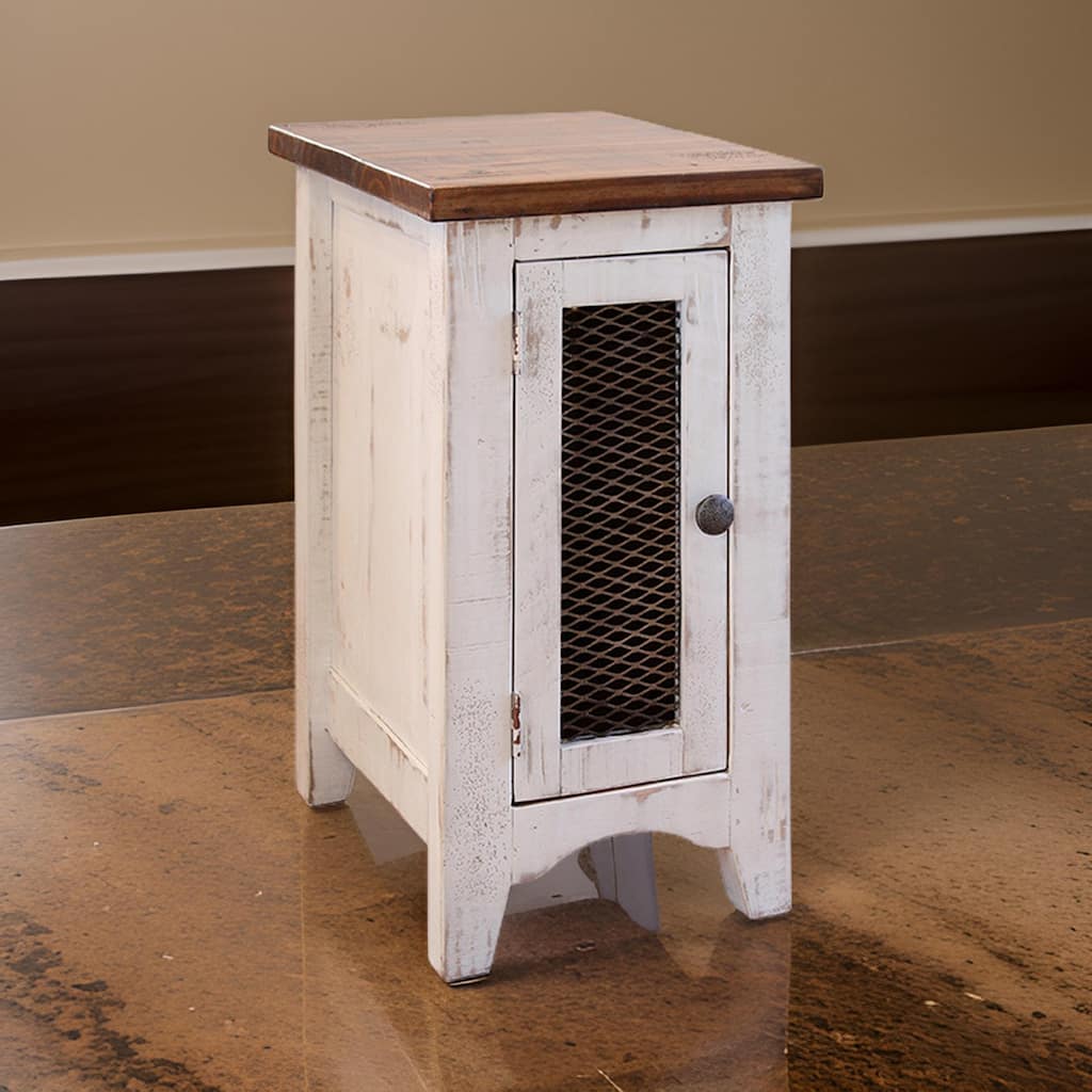 26 Inch Chairside Table with Mesh Door Pine Wood White and Brown