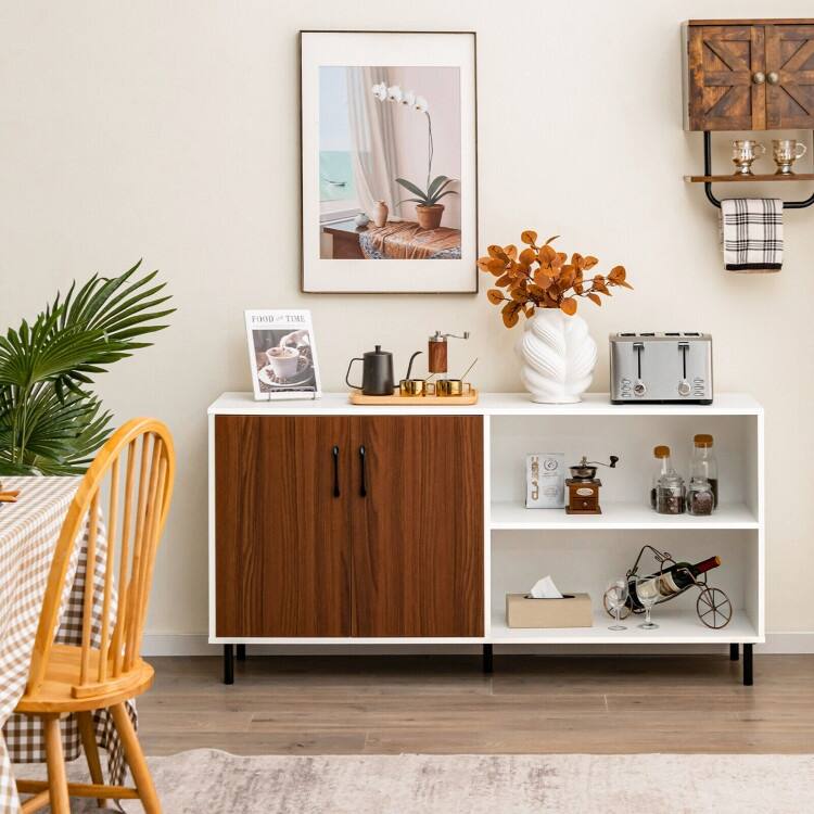 Modern Buffet Sideboard with 2 Doors and Open Compartments-Walnut - 58" x 16" x 29.5" (L x W x H)