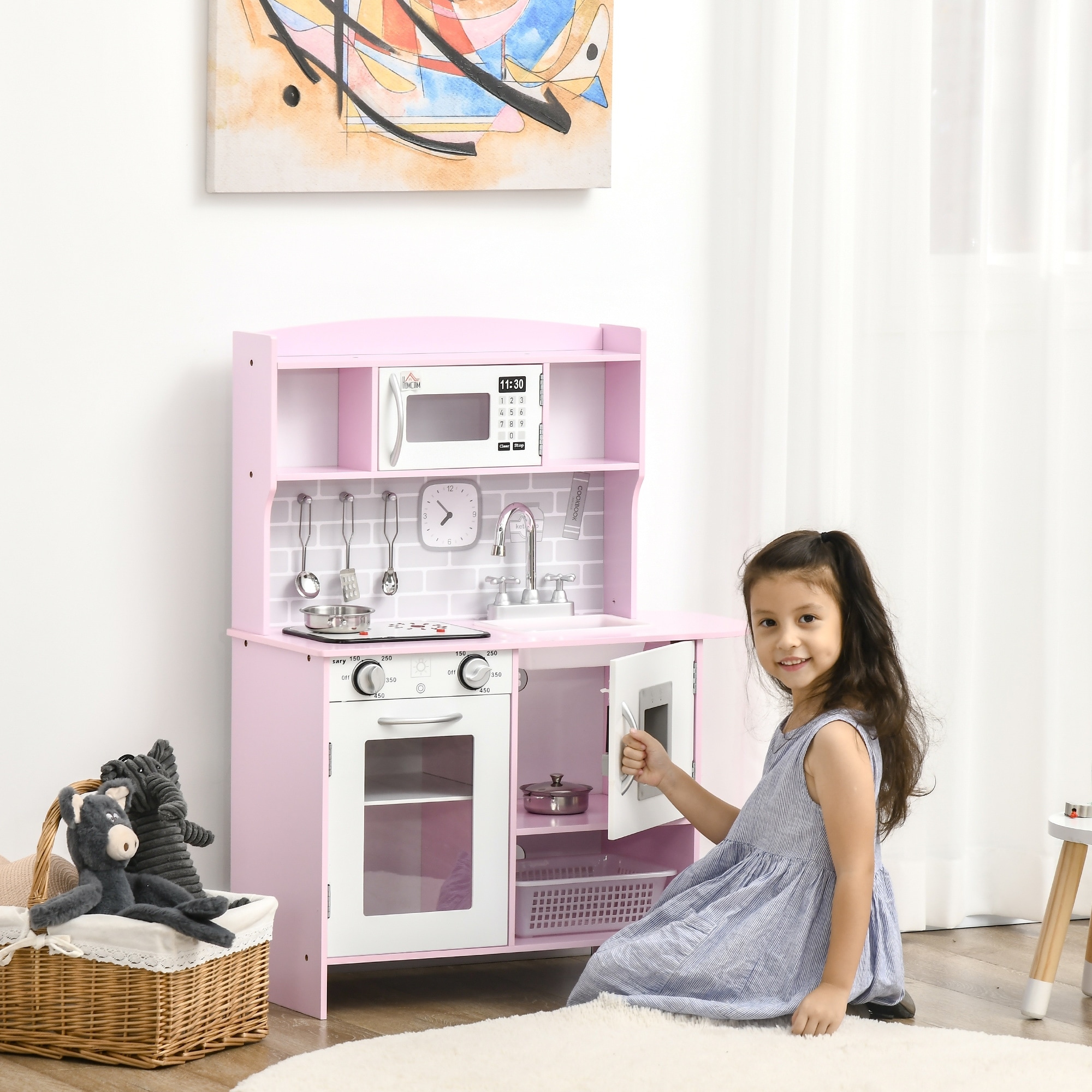 Qaba Pretend Play Kitchen Toy Set for Kids with Realistic Design, Stove Lights, Storage, Water Dispenser, for 3-6 Years Old