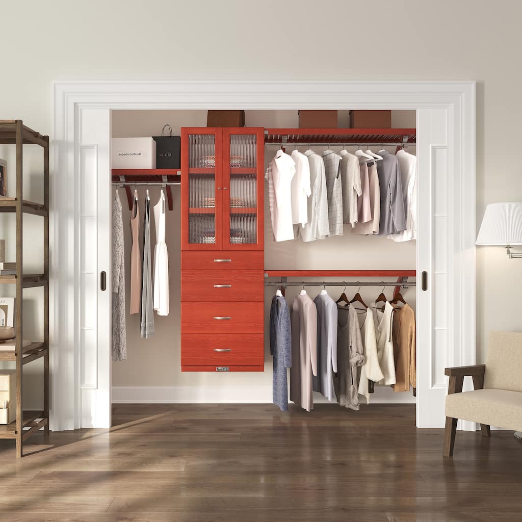 John Louis Home Solid Wood Walk-In Closet System with 4 Drawers and Doors Red Mahogany
