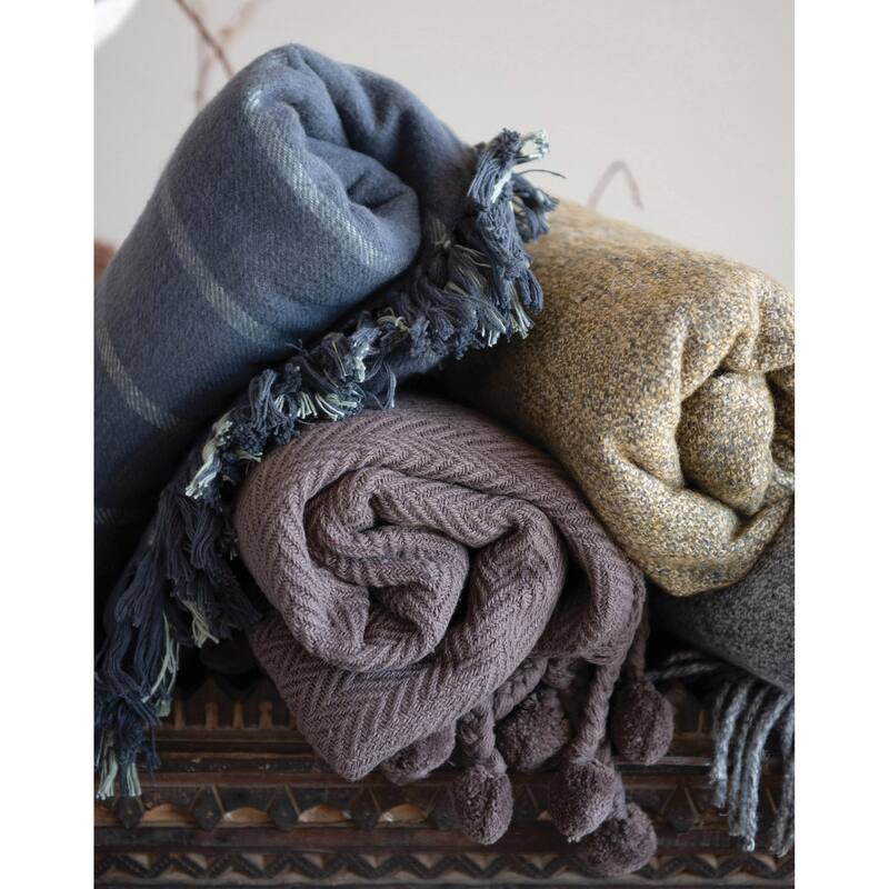 Woven Cotton Throw with Tassels, Iron Color