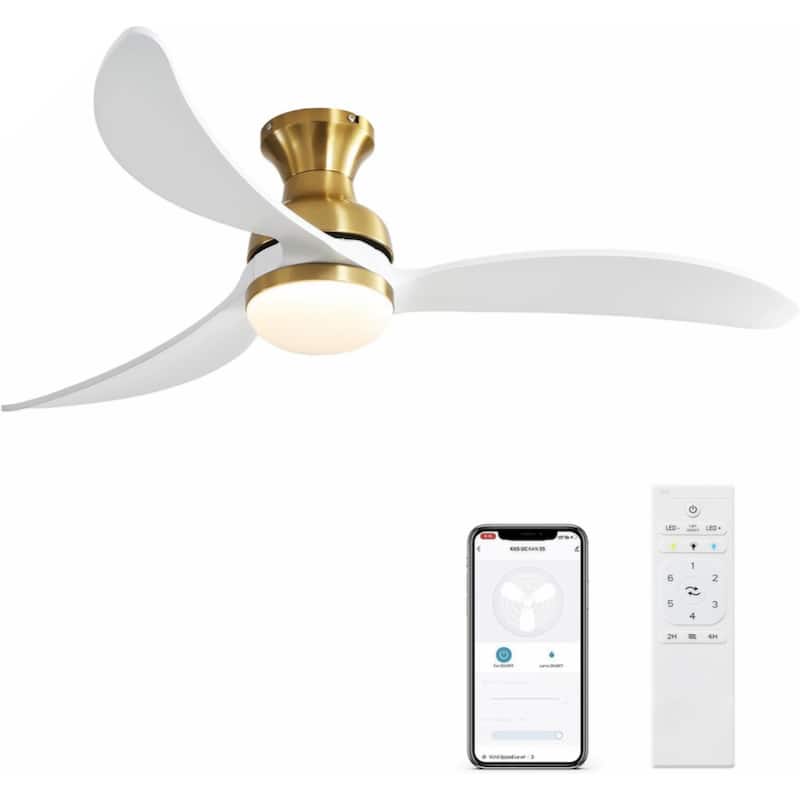 52 Inch Modern Ceiling Fan With 3 Color Dimmable 3 Solid Wood Blades Remote Control Reversible DC Motor For Bedroom - White