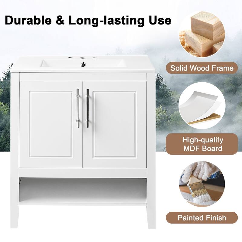 30-inch Freestanding Vanity for Bathroom with Sink, Storage Cabinet with 2 Built-in Drawers, Open Shelf and Silver Handles