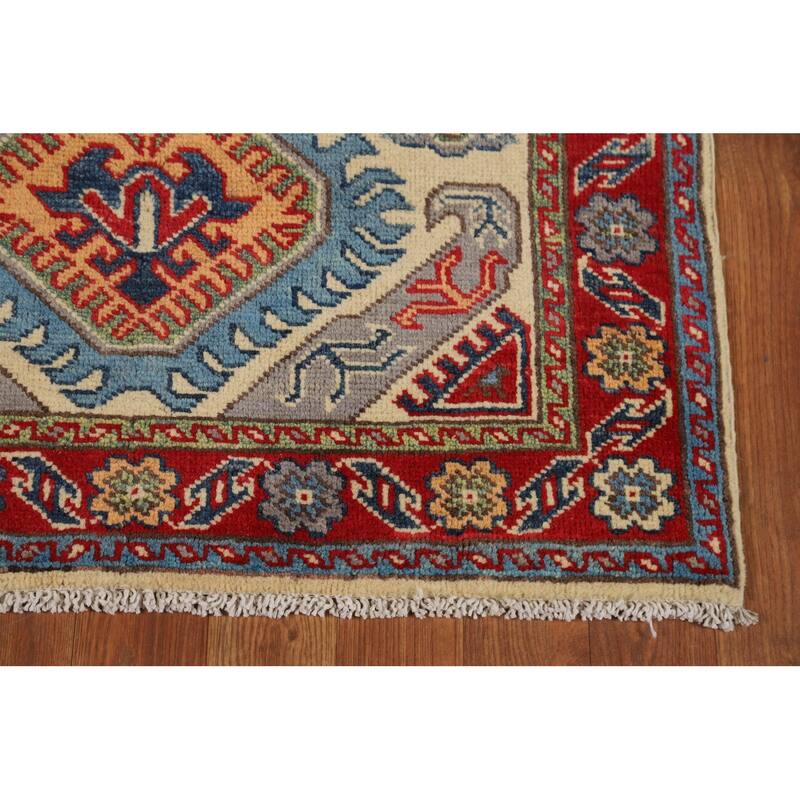Geometric Kazak Foyer Rug Handmade Beige Wool Carpet - 2'8"x 4'1"