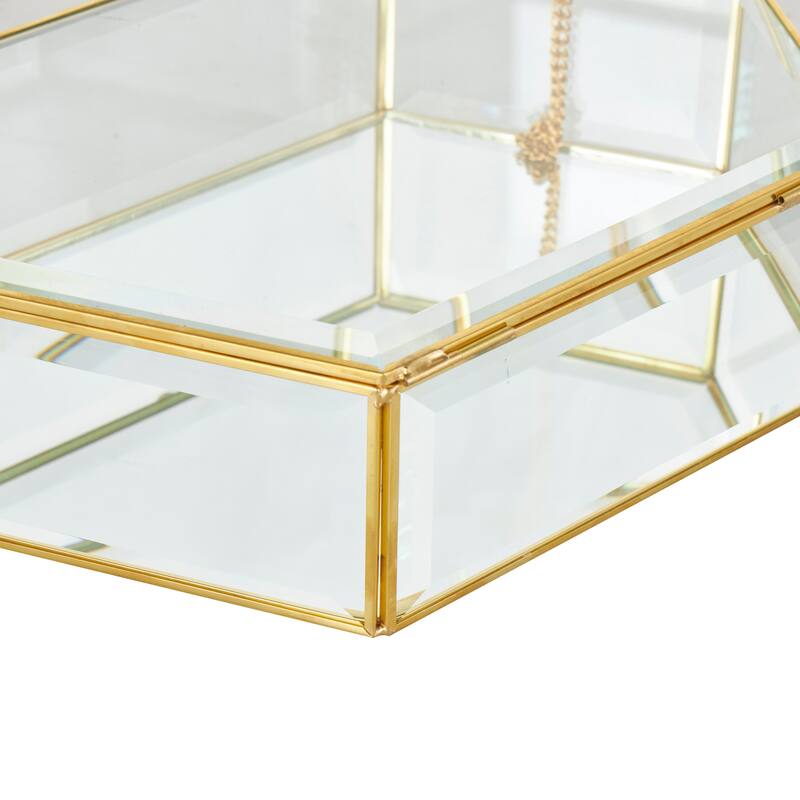 Clear Glass Beveled Hexagon Geometric Decorative Jewelry Box with Gold Metal Frame and Chain Accent (Set of 2)