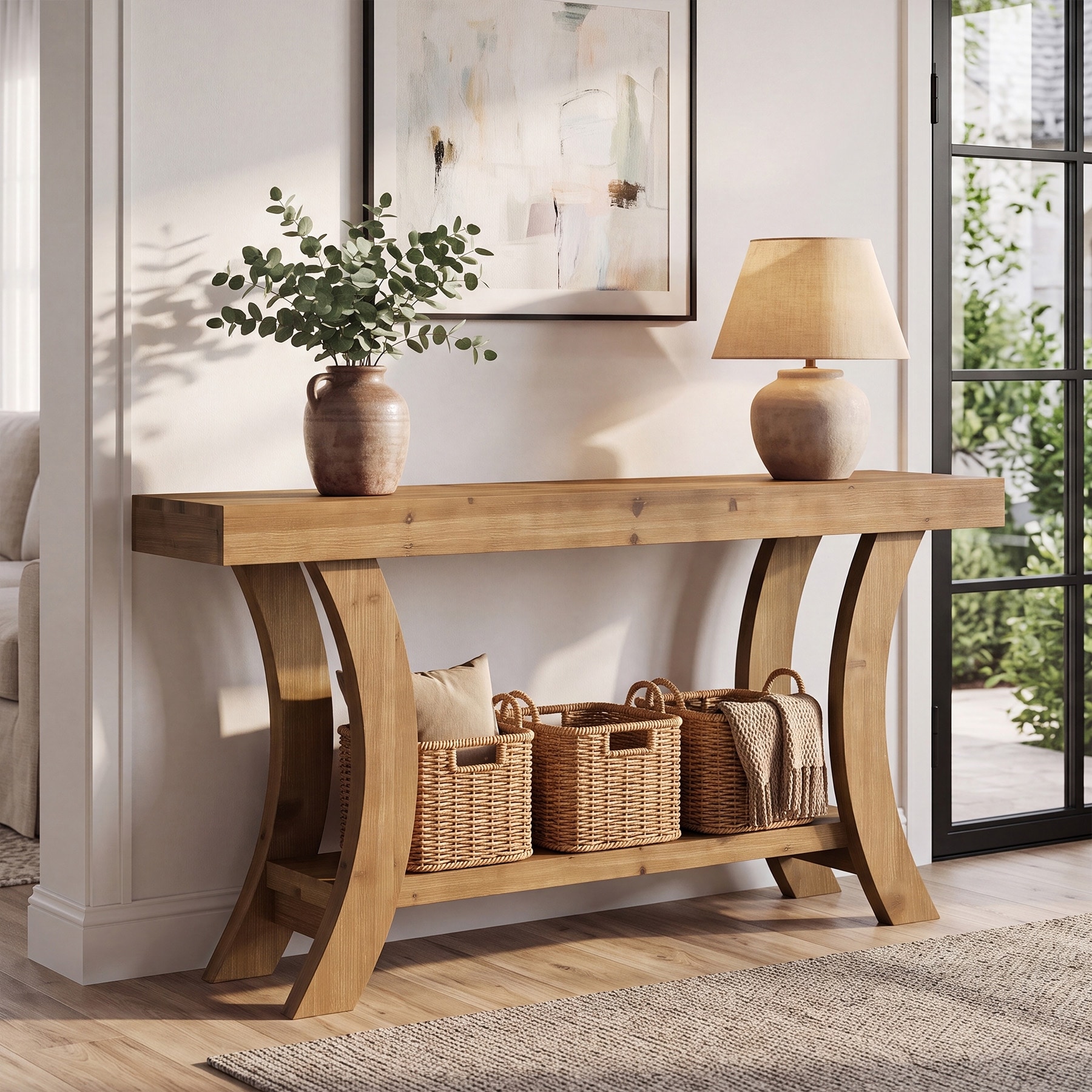 63 Inch Solid Wood Console Table with Storage Shelf - 33.46'' H X 62.99'' W X 13.78'' D