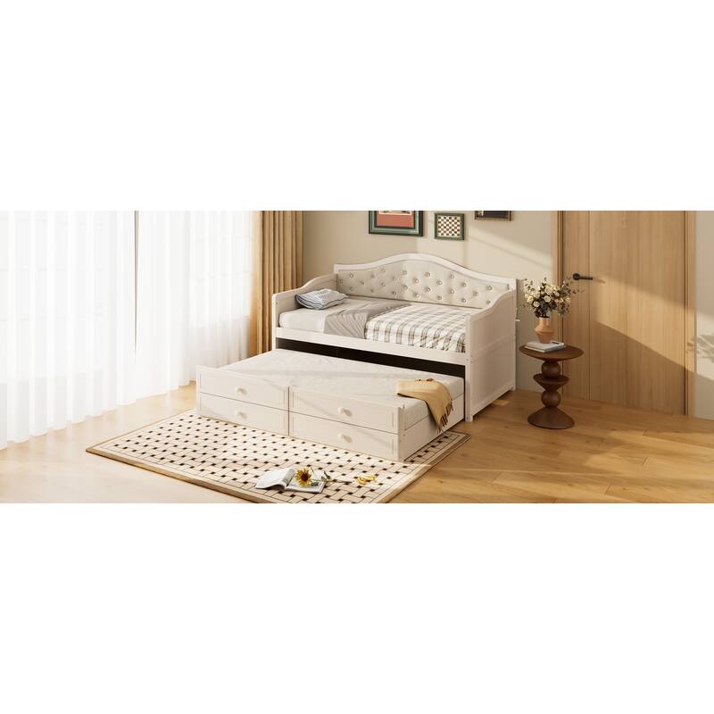 Twin Daybed with Trundle and Storage Drawers, Upholstered Button Tufted Sofa Bed for Living Room, Bedroom, Guest Room, Beige