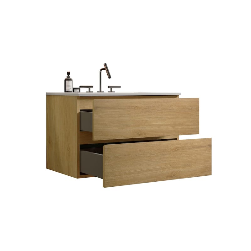 Wall Mount 30"Natural Oak Bathroom Vanity with Ceramic Sink with three faucet holes,Large Storage Floating Bathroom Vanity