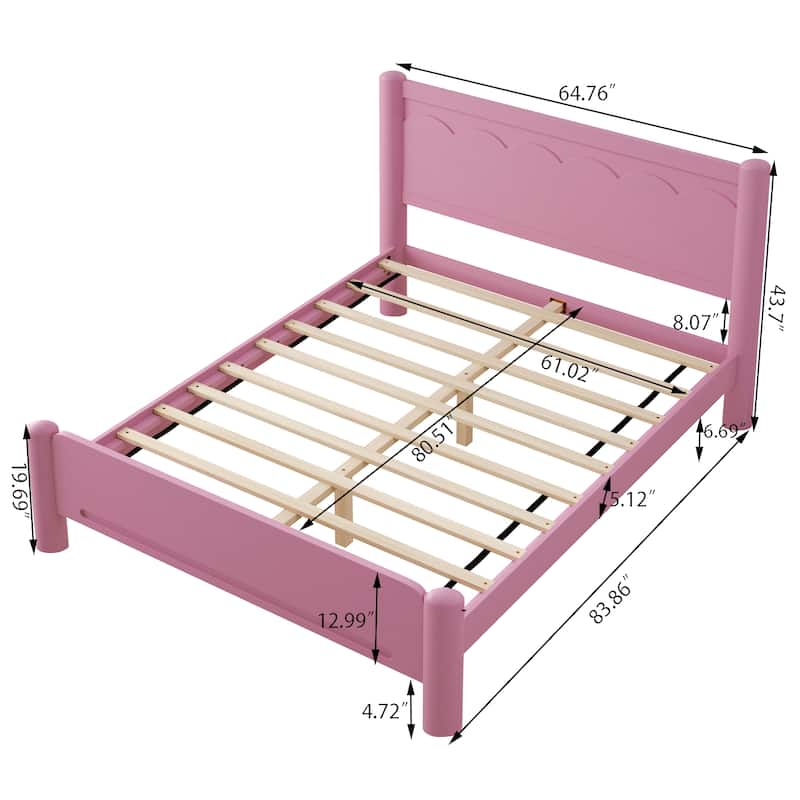 Queen Size Pink Wood Platform Bed with Headboard, Solid Wood Legs, 10-Slat Mattress Foundation, No Box Spring Needed