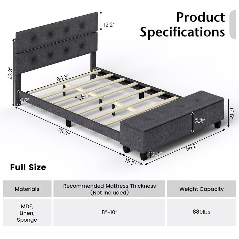 Costway Full Upholstered Bed Frame with Ottoman Storage Linen Button