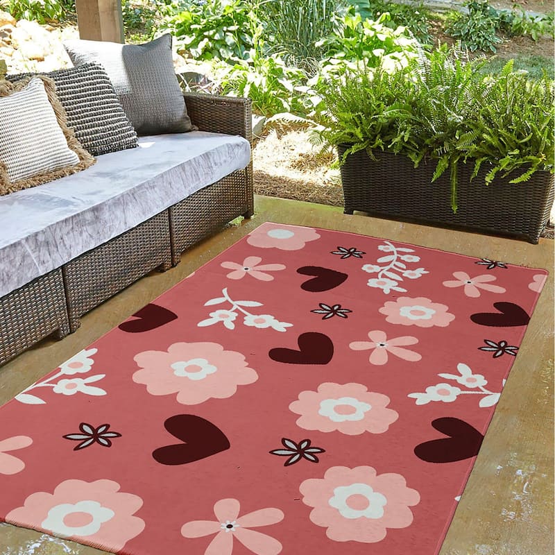 Flowery Love Valentines Chenille Indoor/Outdoor Rug