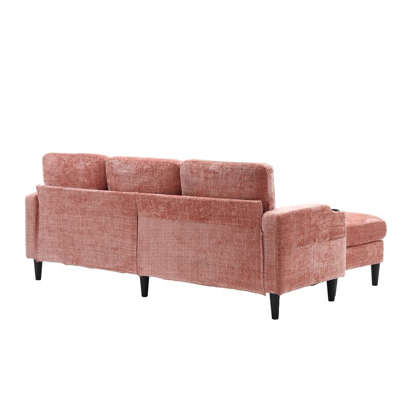 Modular Sectional Sofa with Storage Ottoman, Comfy Chenille Fabric Sofa, 3-Seater Sofa with Side Pockets & 2 Cup Holders