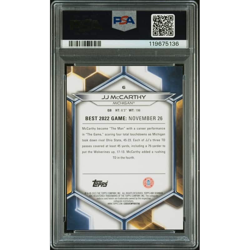 J.J. McCarthy 2023 Bowman U Best Blue Signed Football Rookie Card #6 Auto PSA Authentic 138/150 Cert # 119675136 JJ - 8' x 11'