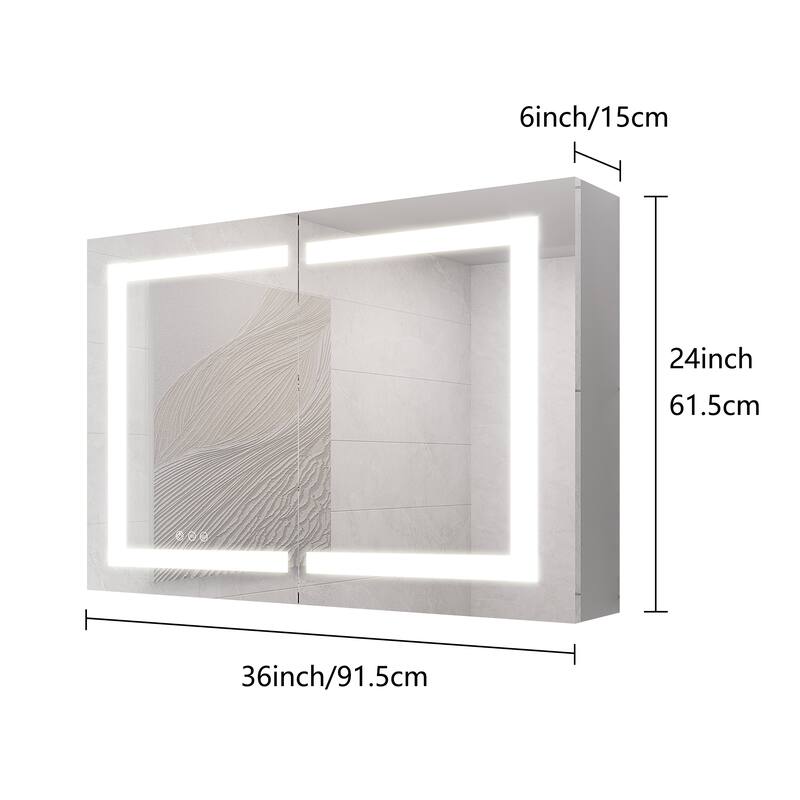 36" Surface Mount Aluminum Medicine Cabinet with Double Door, Mirror and LED Lights