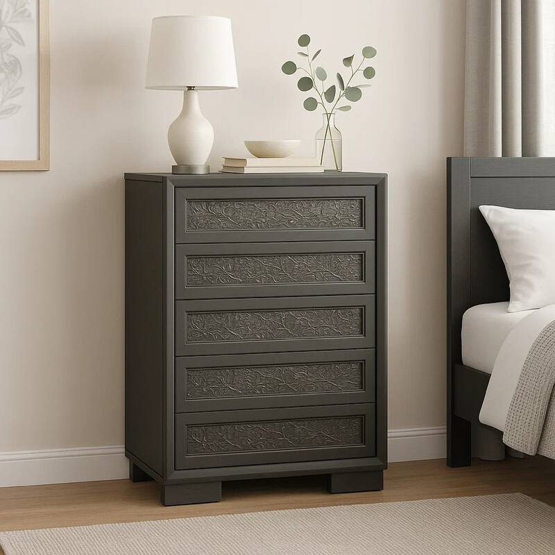 Levi 5 Drawer Tall Dresser Chest, Dark Gray Solid Wood, Bedroom Storage
