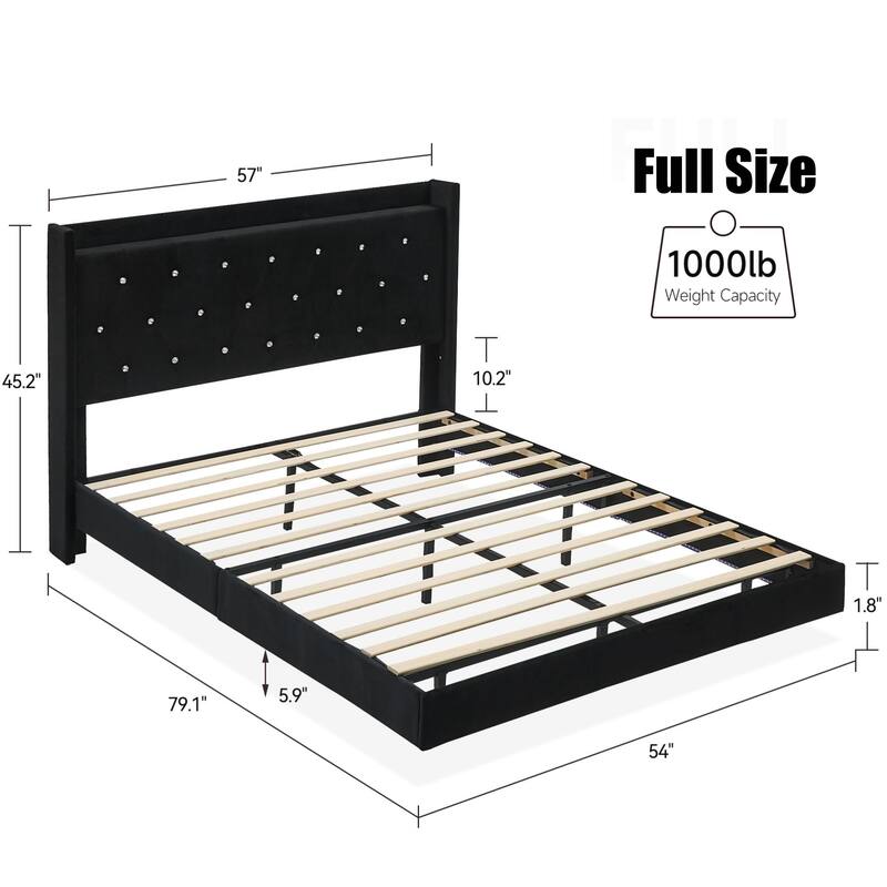 Floating Velvet Upholstered Bed Frame with LED Lights