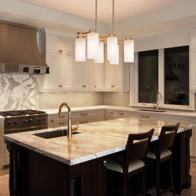 Mid-century Modern 6-Light Gold Linear Chandelier Glass Island Lights for Dining Room - L24.4" x W13" x H74''