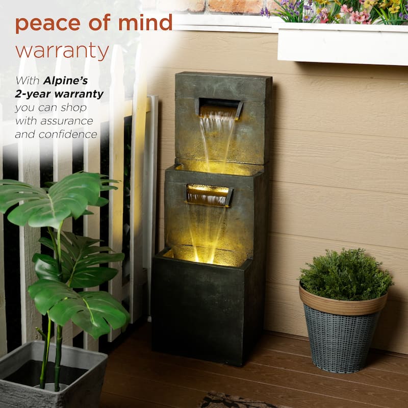 2-Tier Polyresin Modern Stone Wall Fountain w/ Warm White LED