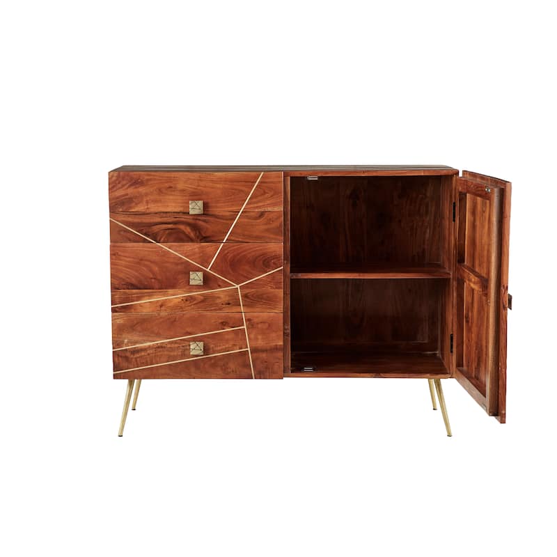 Brown Wood With Gold Accents Mid Century Modern Glam Buffet Cabinet - 46 x 16 x 36