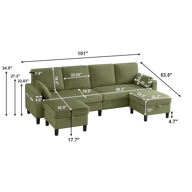 101" Corduroy U Shaped Sectional Sofa with Storage Ottoman
