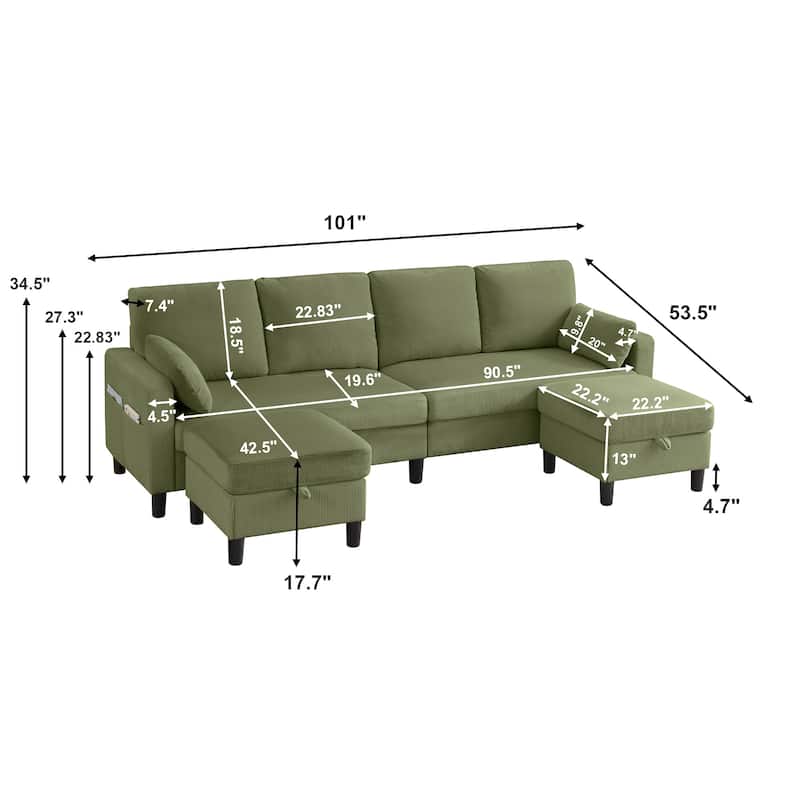 101'' Corduroy Upholstered Sectional Sofa With Storage Ottoman