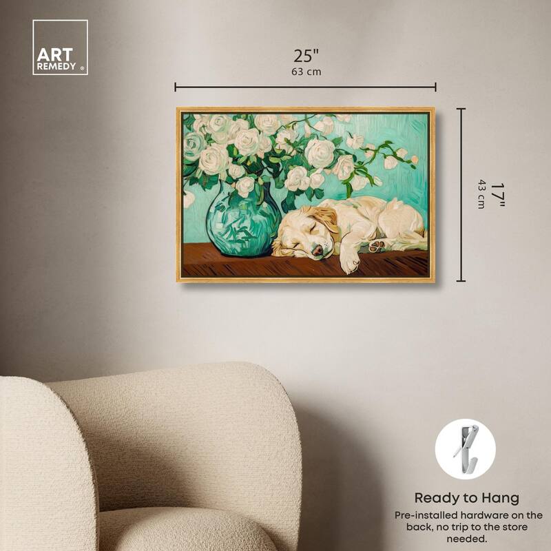 Rose Vase Puppy Canvas by Art Remedy