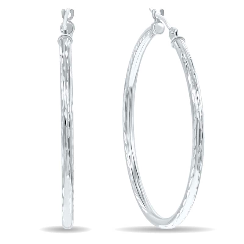 Marquee Jewels 14K White Gold Shiny Diamond Cut Engraved Hoop Earrings (35mm)