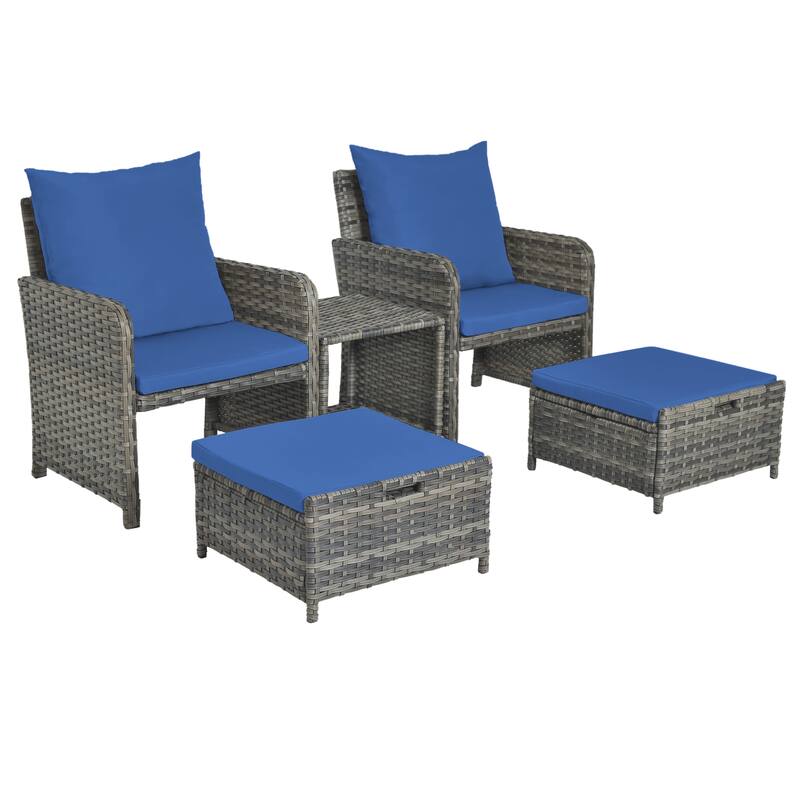 5 Pieces Patio Conversation Set with Cushions Coffee Table and 2 Ottomans - PE BROWN-Blue