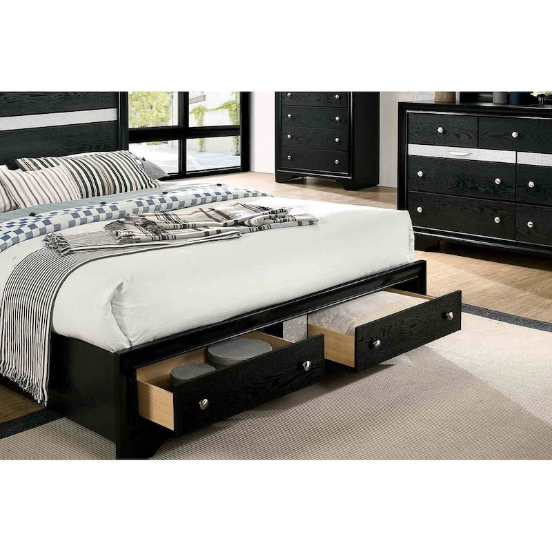 Contemporary Black Bedroom Set Bed Dresser Mirror Nightstand Chest with Silver Accents