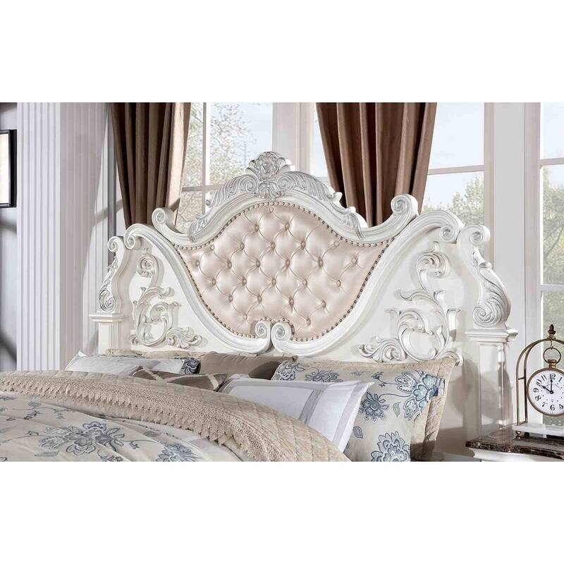 Luxury Pearl White Finish Bedroom Furniture 1Piece Button Tufted Bed