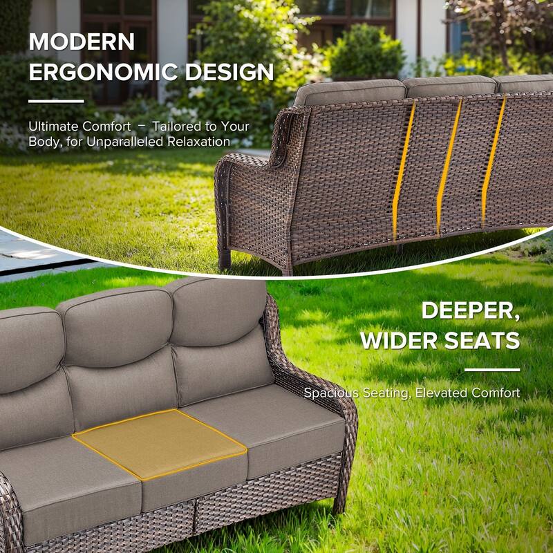 Gymojoy 7-Piece Wicker Patio Furniture Sofa Set with Fire Pit Table, 6-Inch Thick Cushion Swivel Glider Chairs & Ottomans