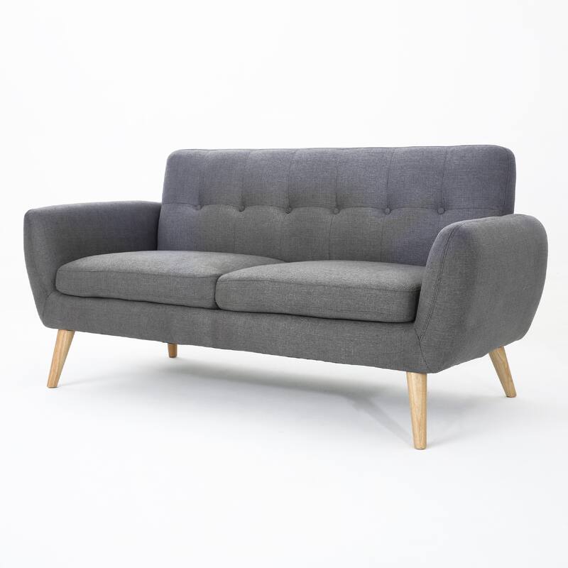 Aly Loveseat, Button Tufted Back, Dark Gray Fabric, Brown 67 Inch