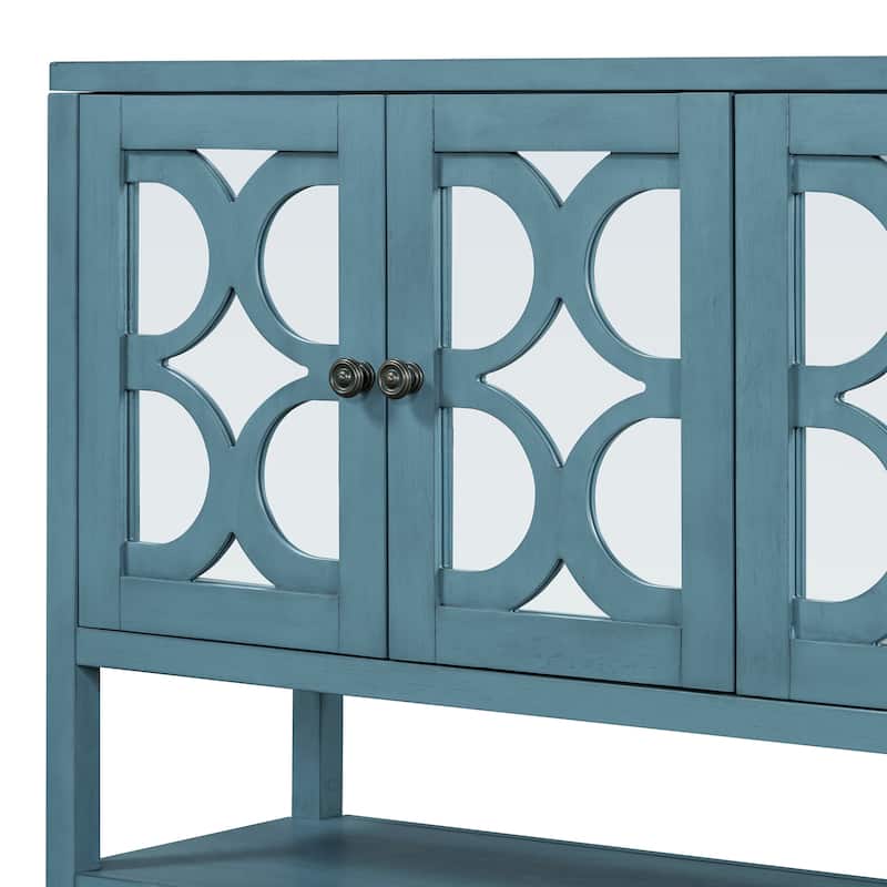 Sideboard Cabinet with Mirrored Doors, Accent Cabinets with Open Shelves, Storage Cabinet with Acacia Wood Legs
